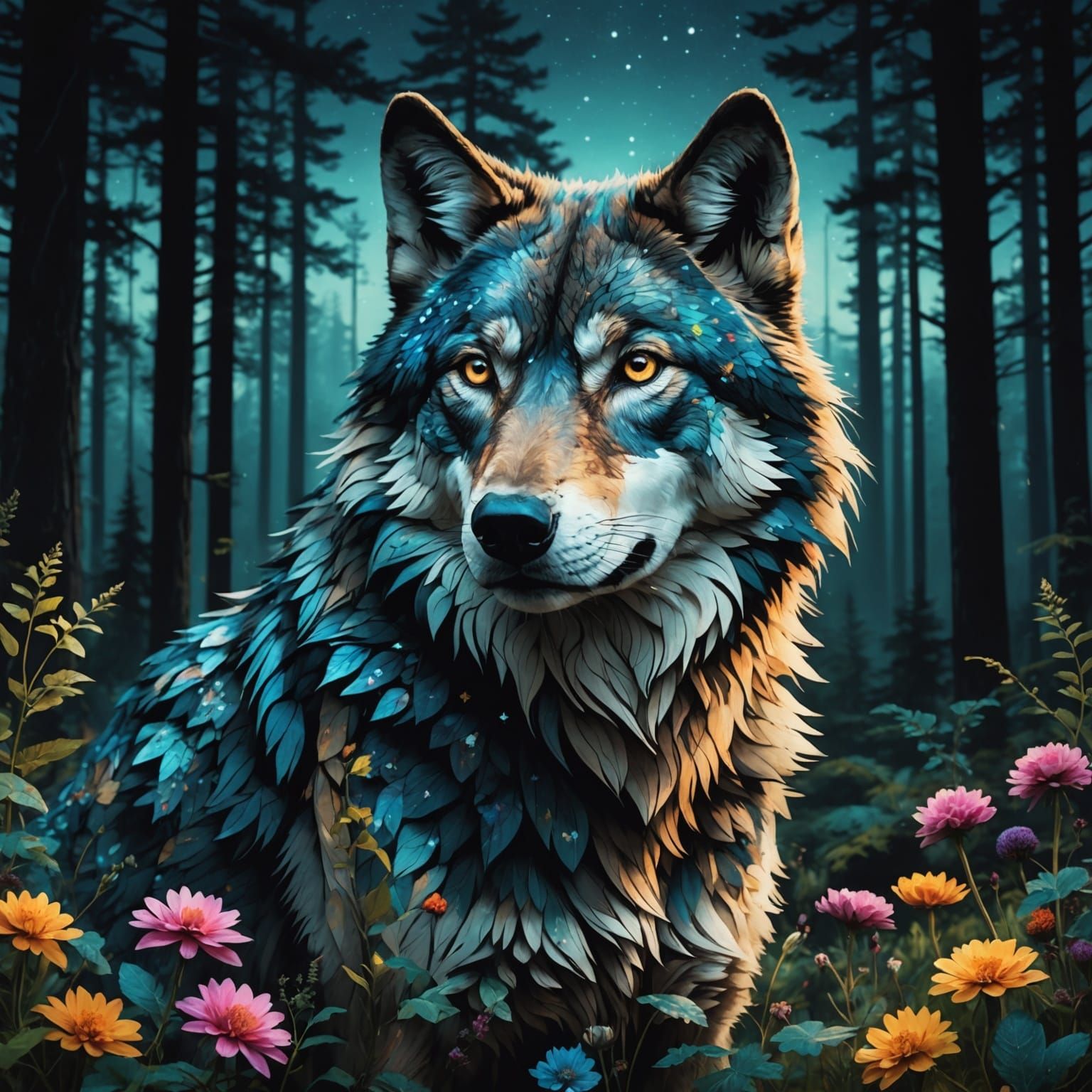 Hyperrealistic Double Exposure Wolf with Forest Scenes