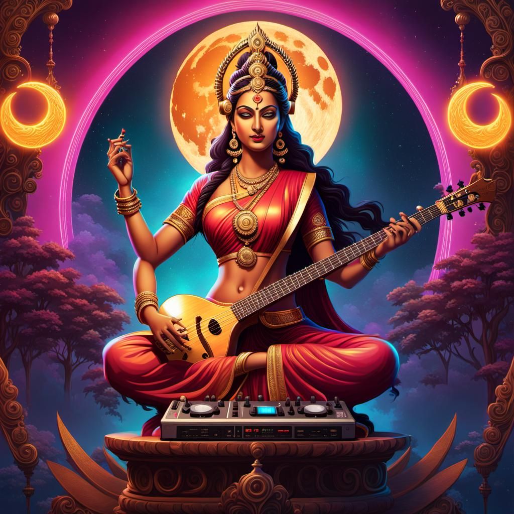 Goddess Saraswathy: Dark Fantasy Logo with DJ Controller
