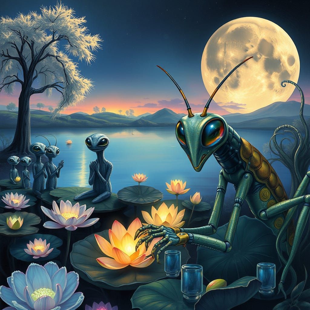 Impressionistic Alien Prayers by a Tranquil Lake