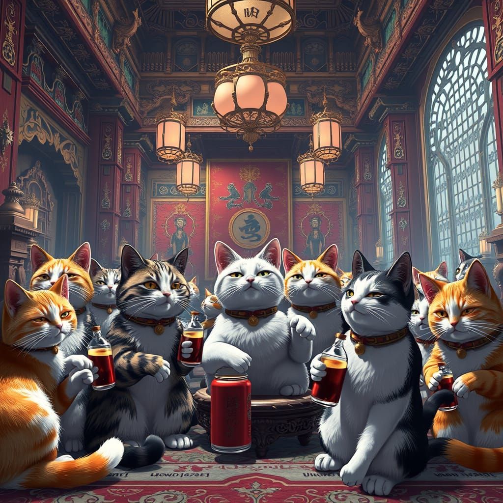 Drunken Cats in Ornate Anime Hall