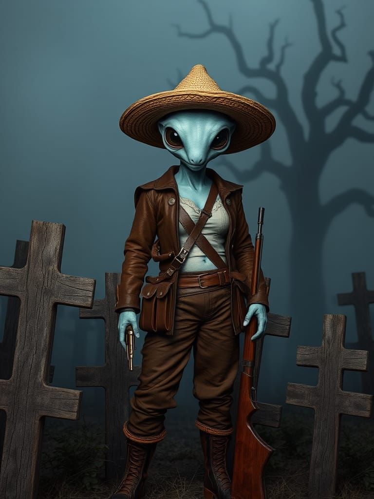 Alien Gunslinger in Fog-Shrouded Graveyard, Fantasy Concept ...