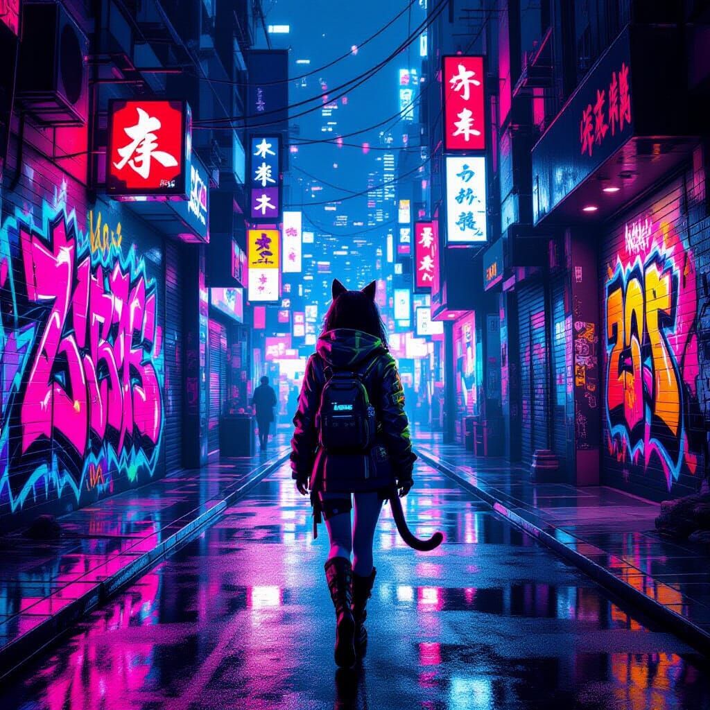 Cat Girl in Neon Cyberpunk City Street