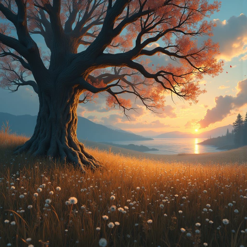 Fantasy Meadow: Ancient Tree at Dusk