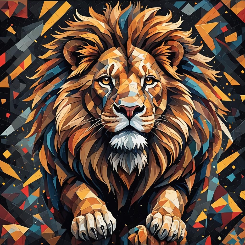 Pixelated Lion in Cubist Art Deco Style
