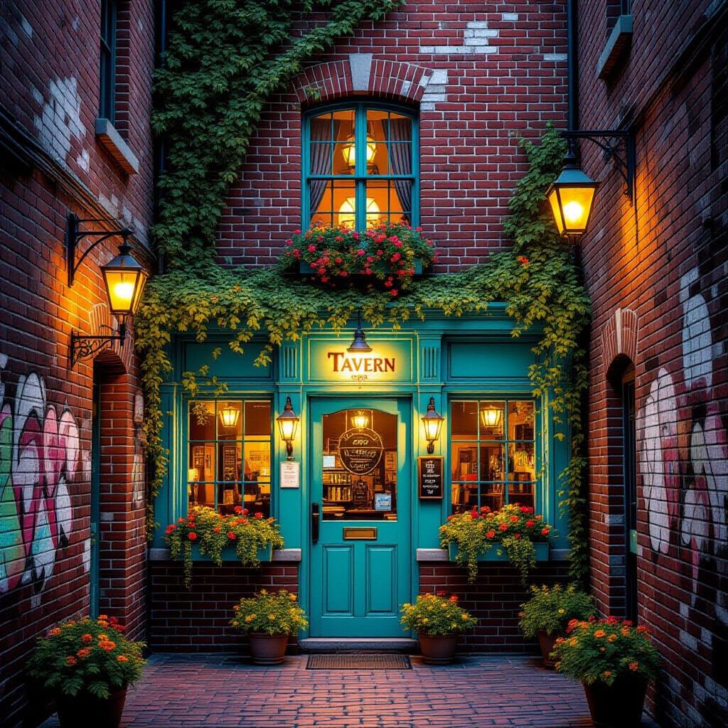 Charming Tavern in Alleyway with Street Art