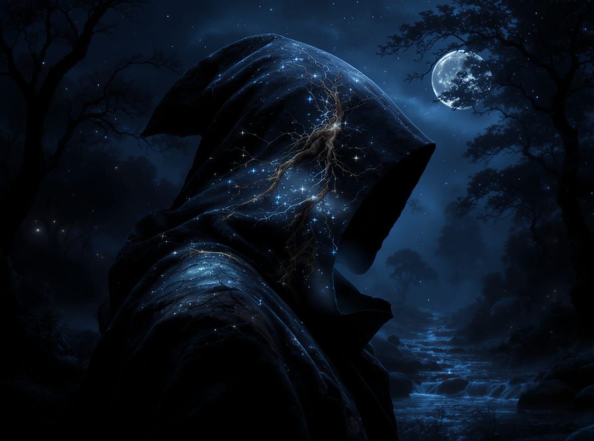 Hooded Figure in Twilight Forest: Fantasy Realism