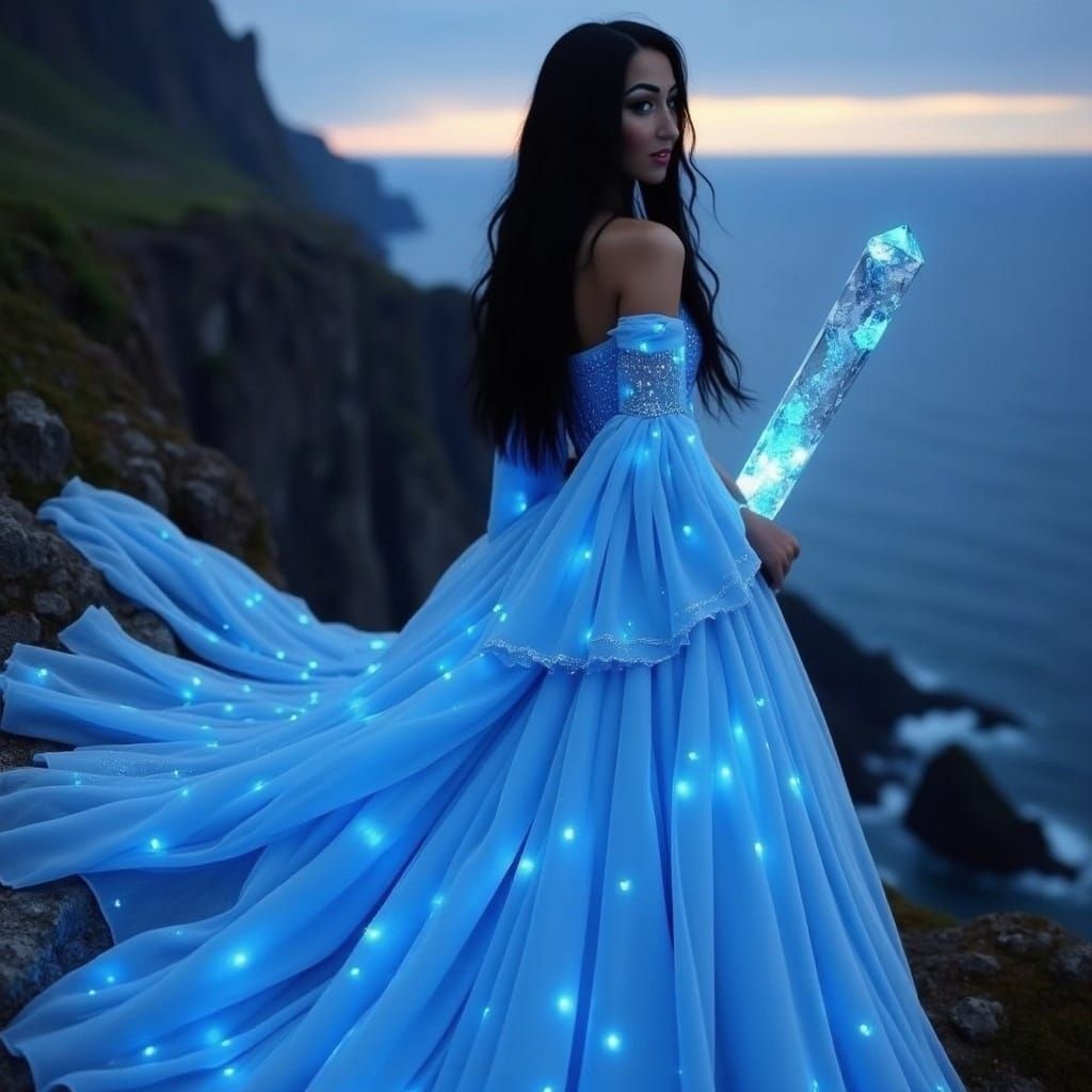 Ethereal Woman in Ice Blue Gown at Cliff Edge