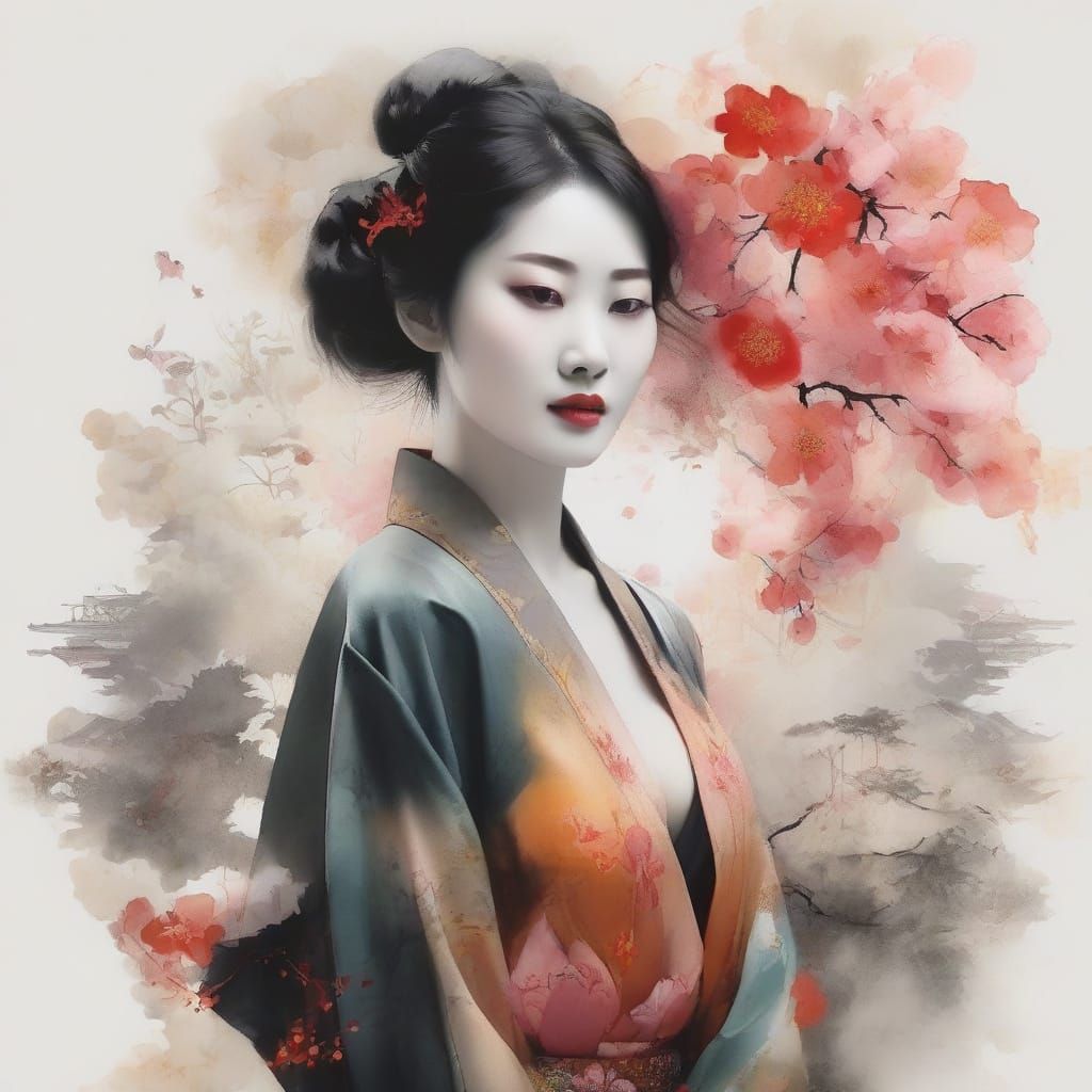 Chinese Woman in Vibrant Ink Painting