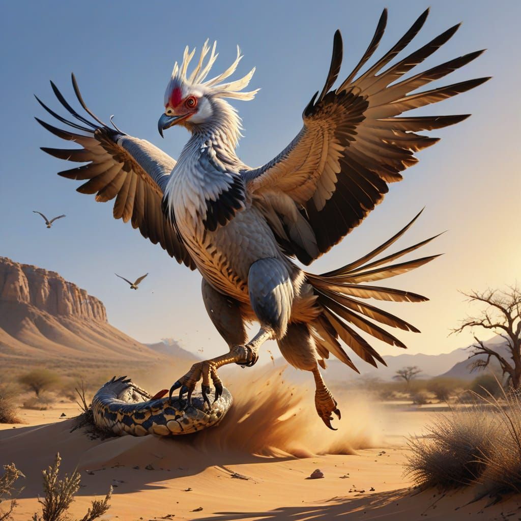African Secretary Bird Battles Snake in Vibrant Oil Painting