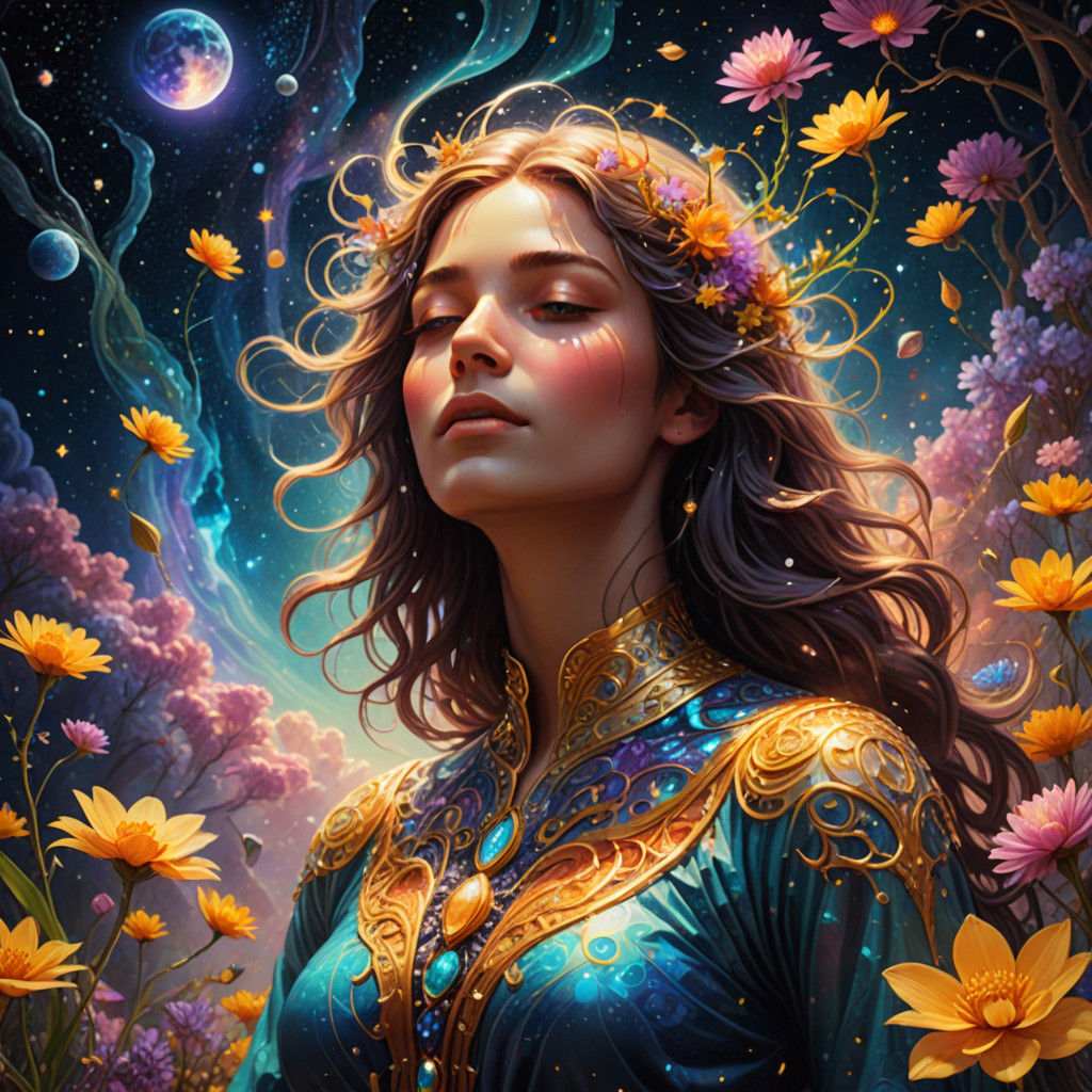 Ethereal Cosmic Soul Soared among Blooming Saffron Light