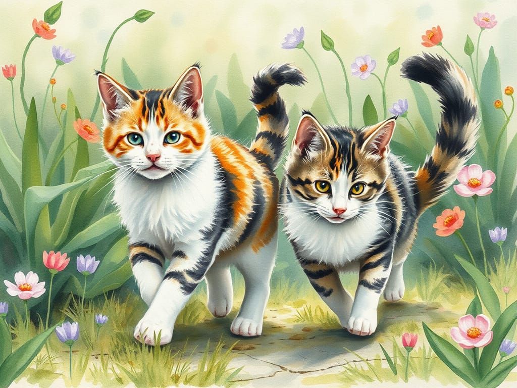 Whimsical Calico Kitties in Vibrant Watercolor Garden