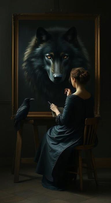 Victorian Woman Paints a Wolf in Tenebrism Style