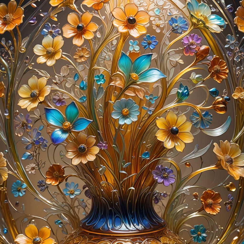 Honey Glass Vase with Frozen Rainbow Flowers