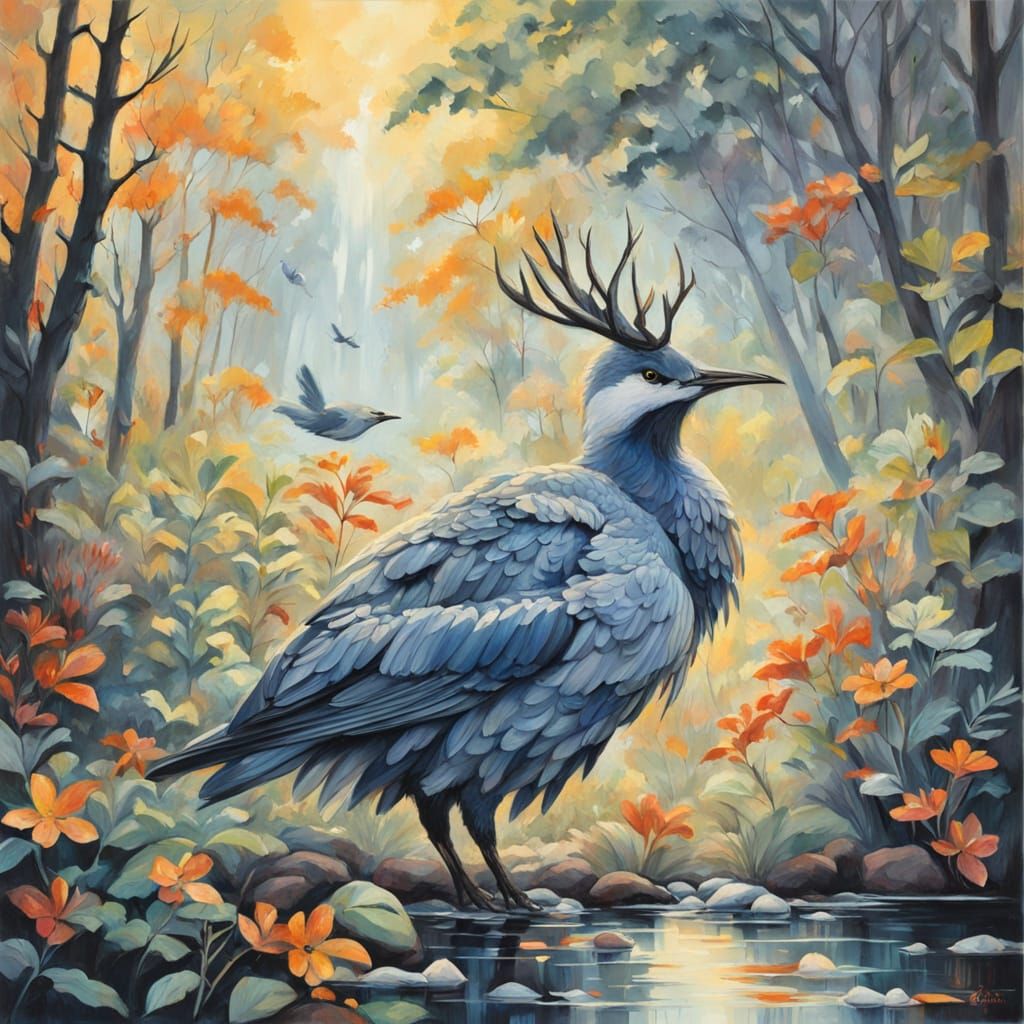 Enchanted Forest: Deer and Birds in Gouache Style
