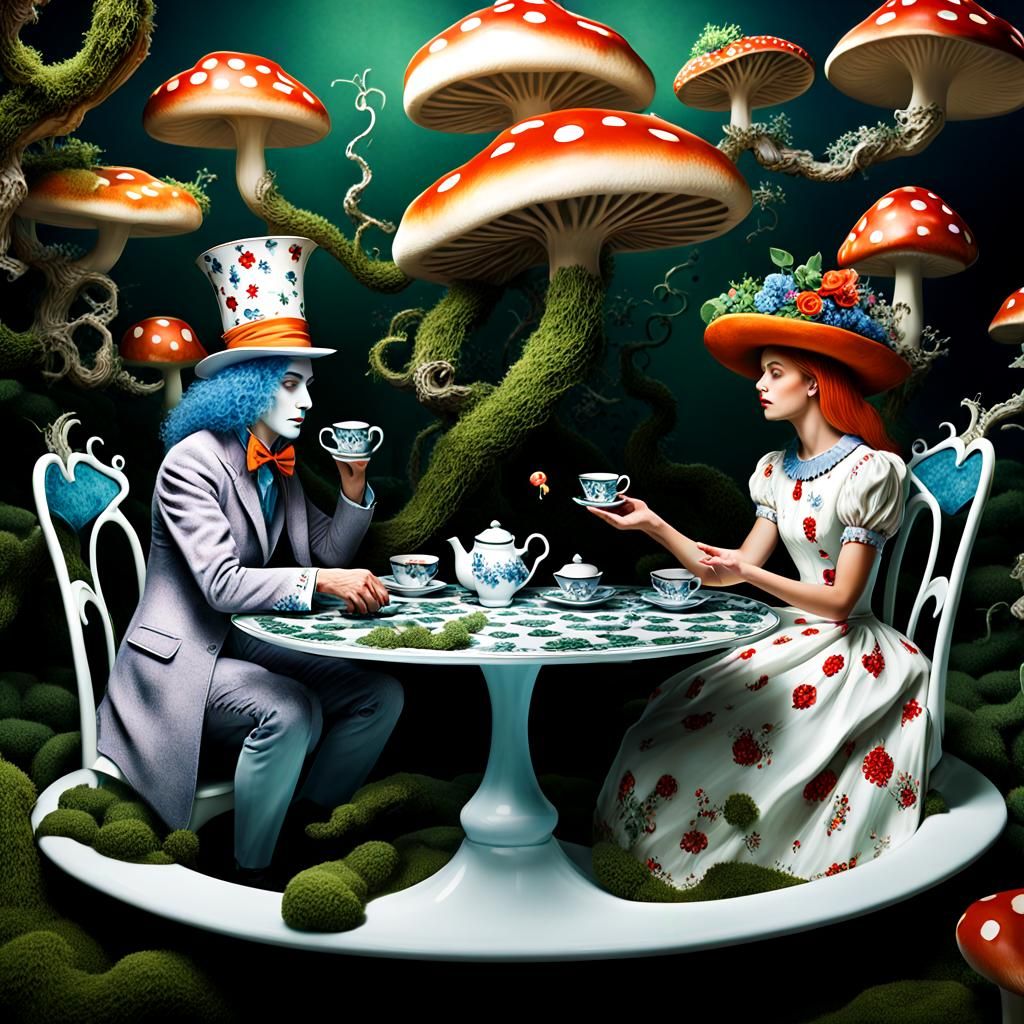 Mad Hatter's Surreal Tea Party in Wonderland