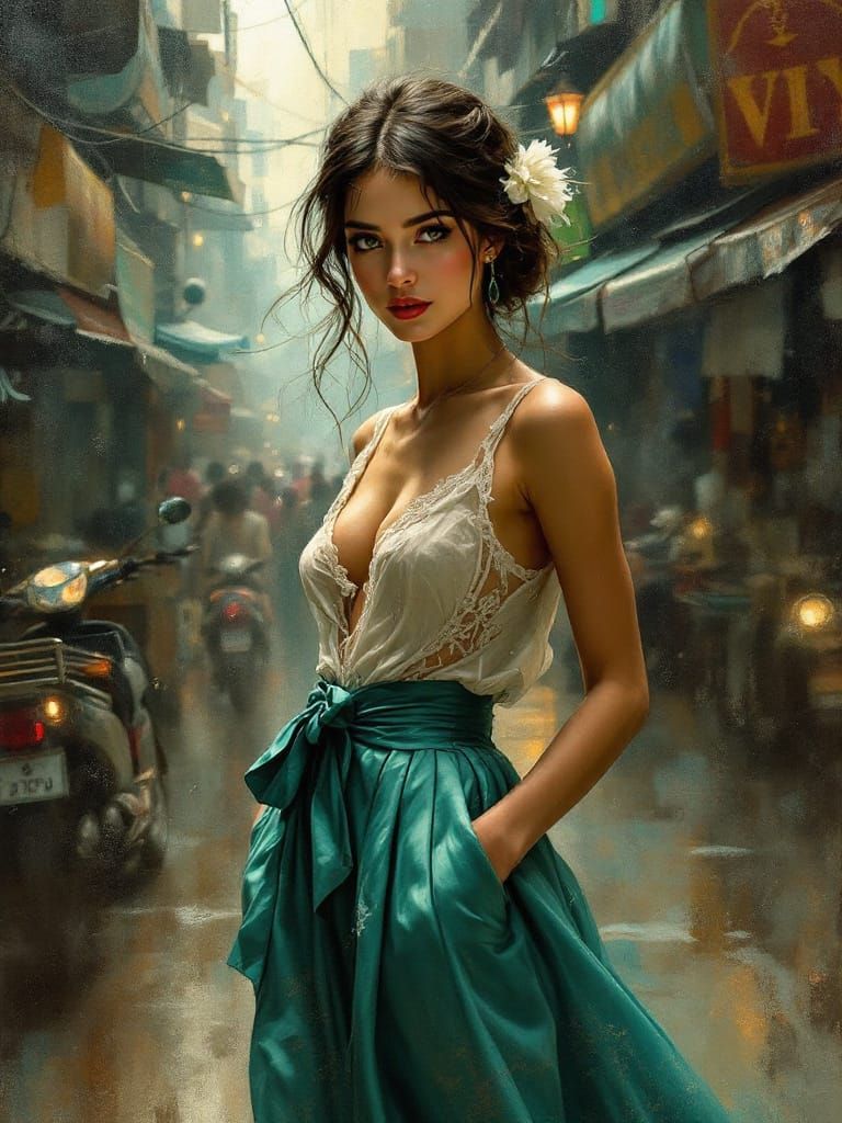 Classic Female Figure in Busy Street, Tonalism Style