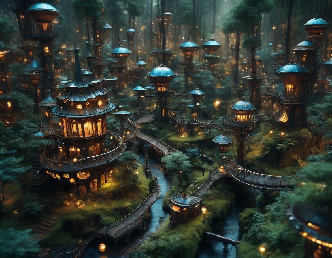 Futuristic Steampunk Neverland Forest, Tilt-Shift Effect