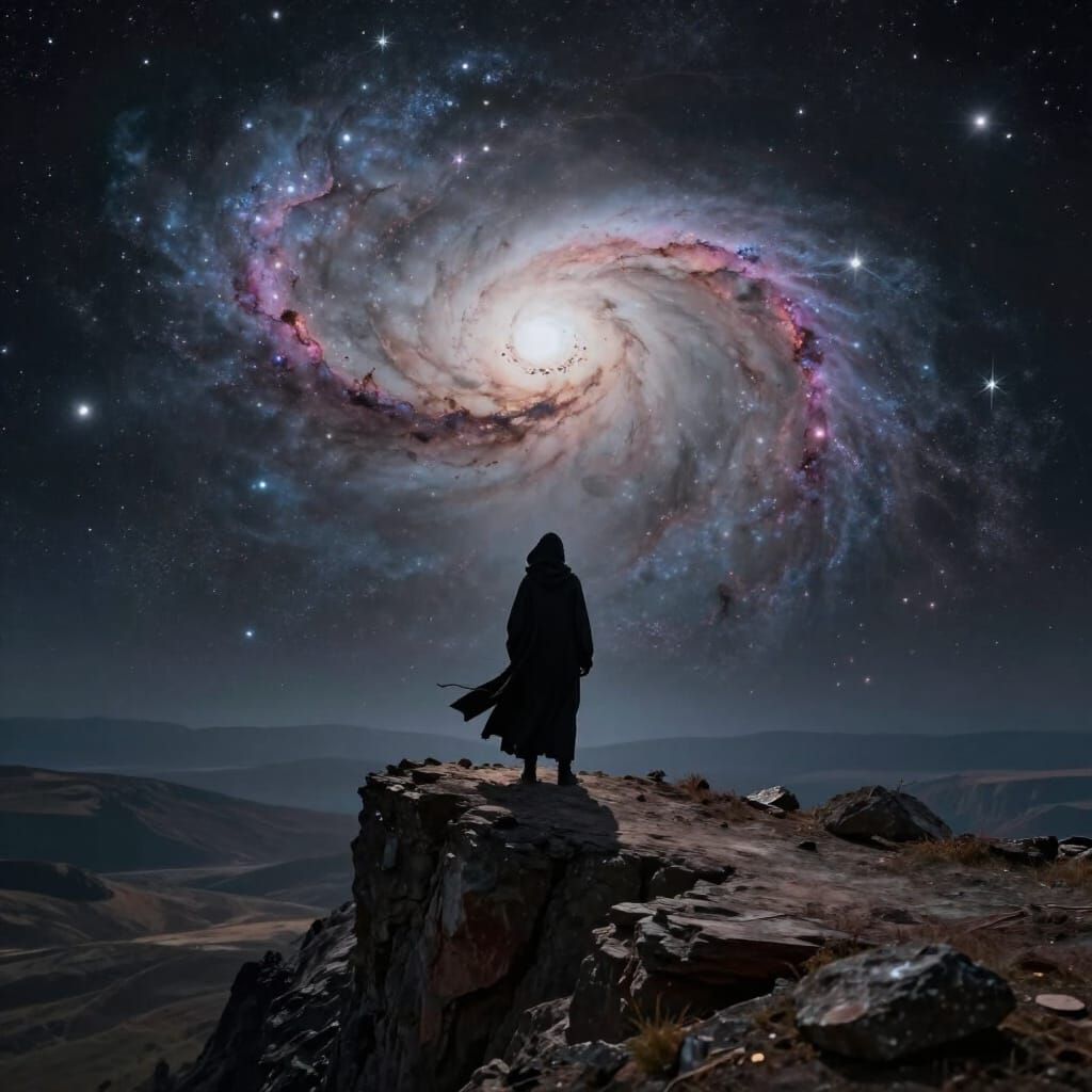 Cloaked Figure Gazes at Nebula on Alien Cliff Edge