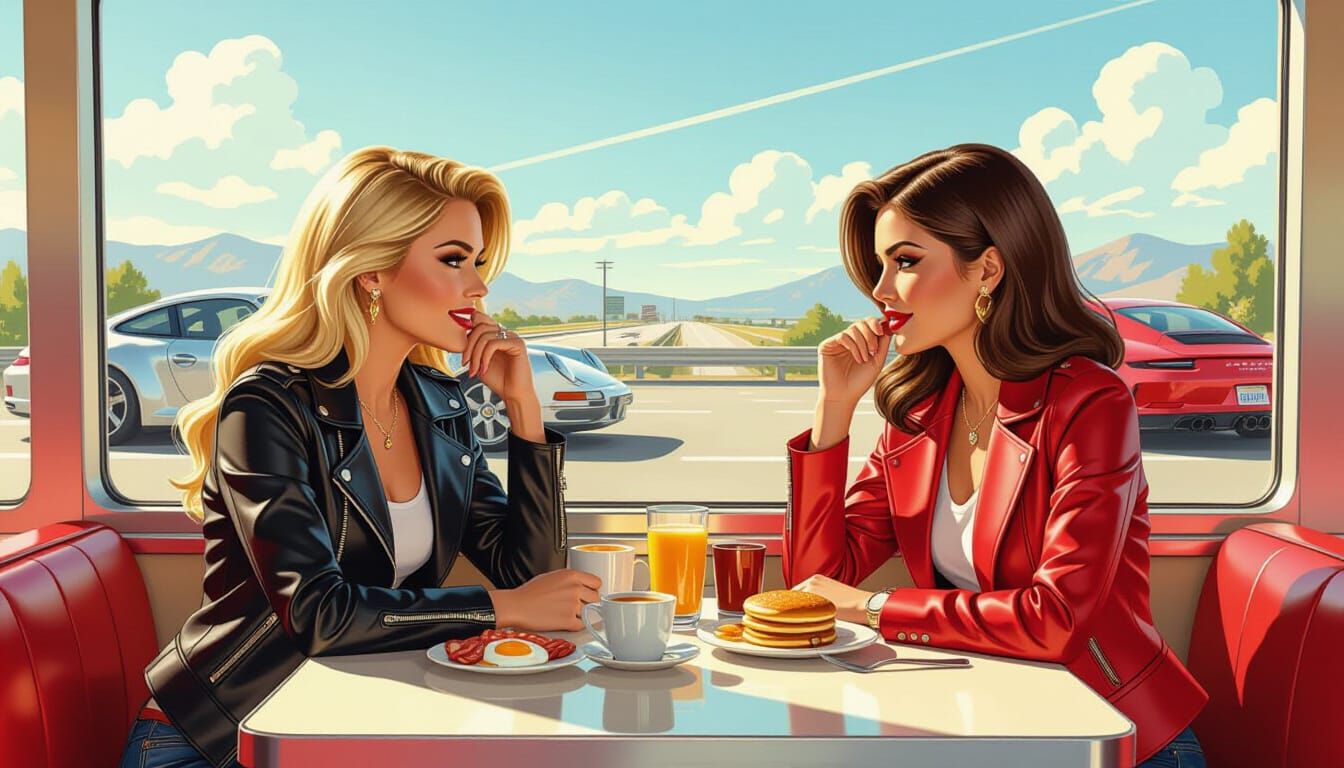 Retro Diner Breakfast with Two Stylish Women