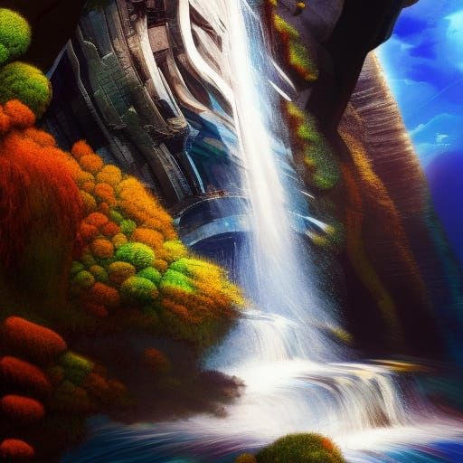 Futuristic Cliffside Waterfall in Hyperrealistic Splash Art