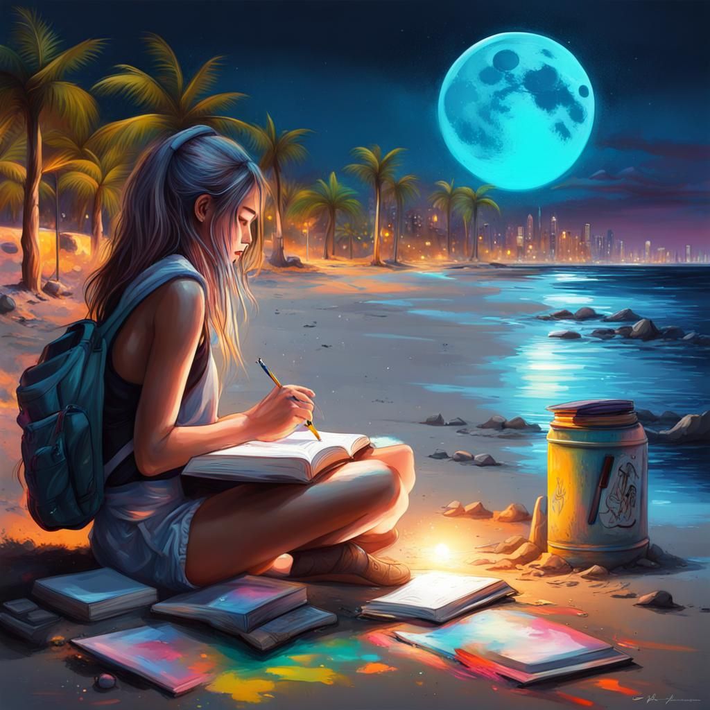 girl studying under the moon by the beach