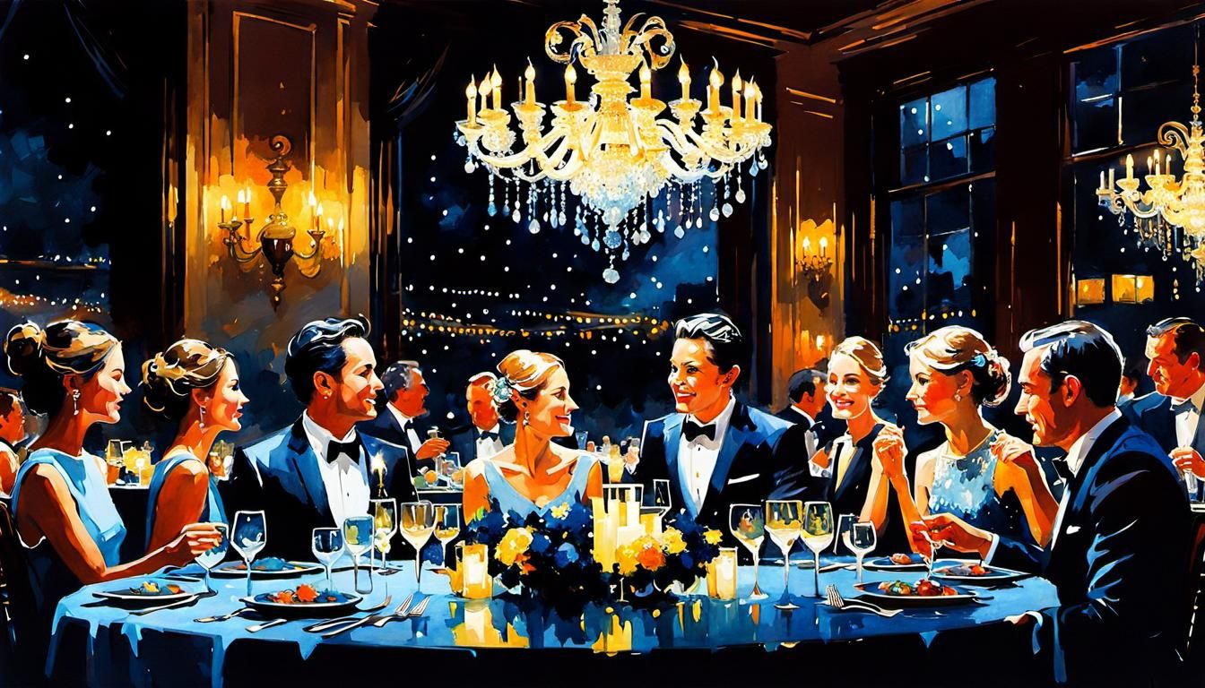 Magical Midnight Dinner Party in Watercolor Style