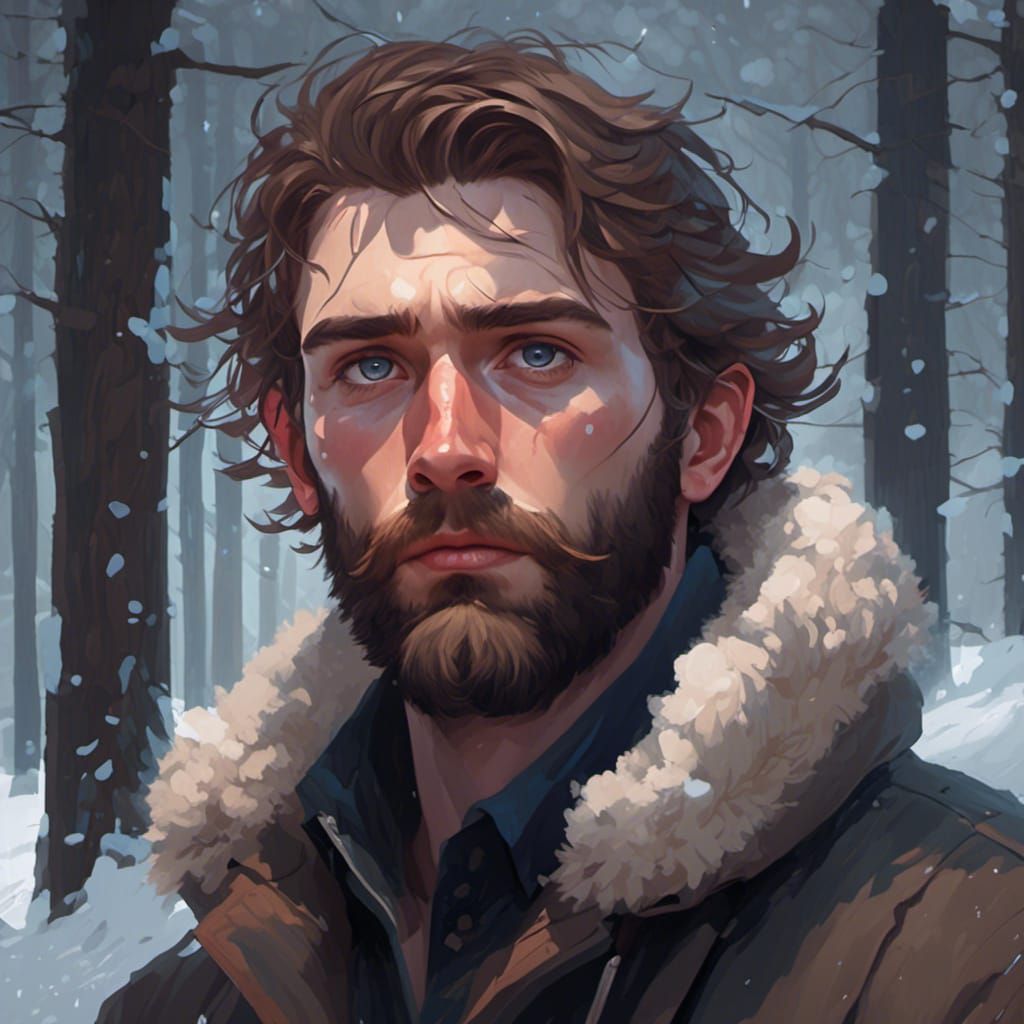 Canadian Man in Snowy Forest: Digital Art Portrait