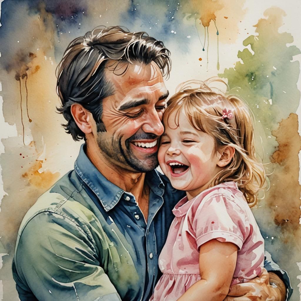 Father's Affection: Watercolor of Kissing Daughter