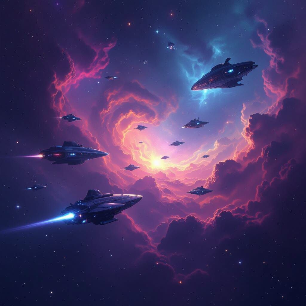 Vibrant Cosmic Nebula with Distant Alien Ships
