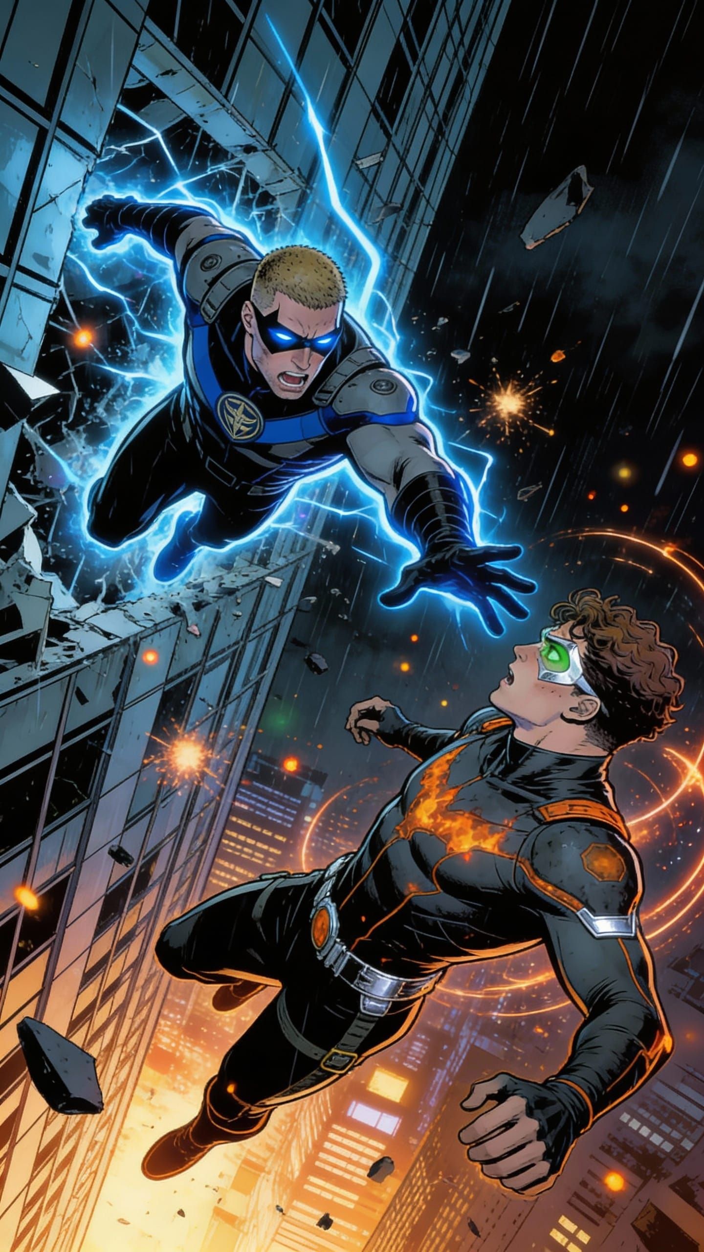 Noir Comic Art: Hero Falls from Shattering Skyscraper