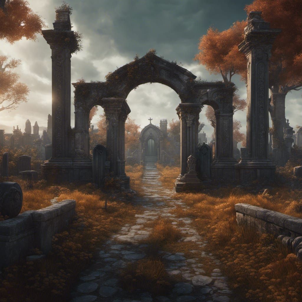 Walled Cemetery Between Fields: Detailed Matte Painting