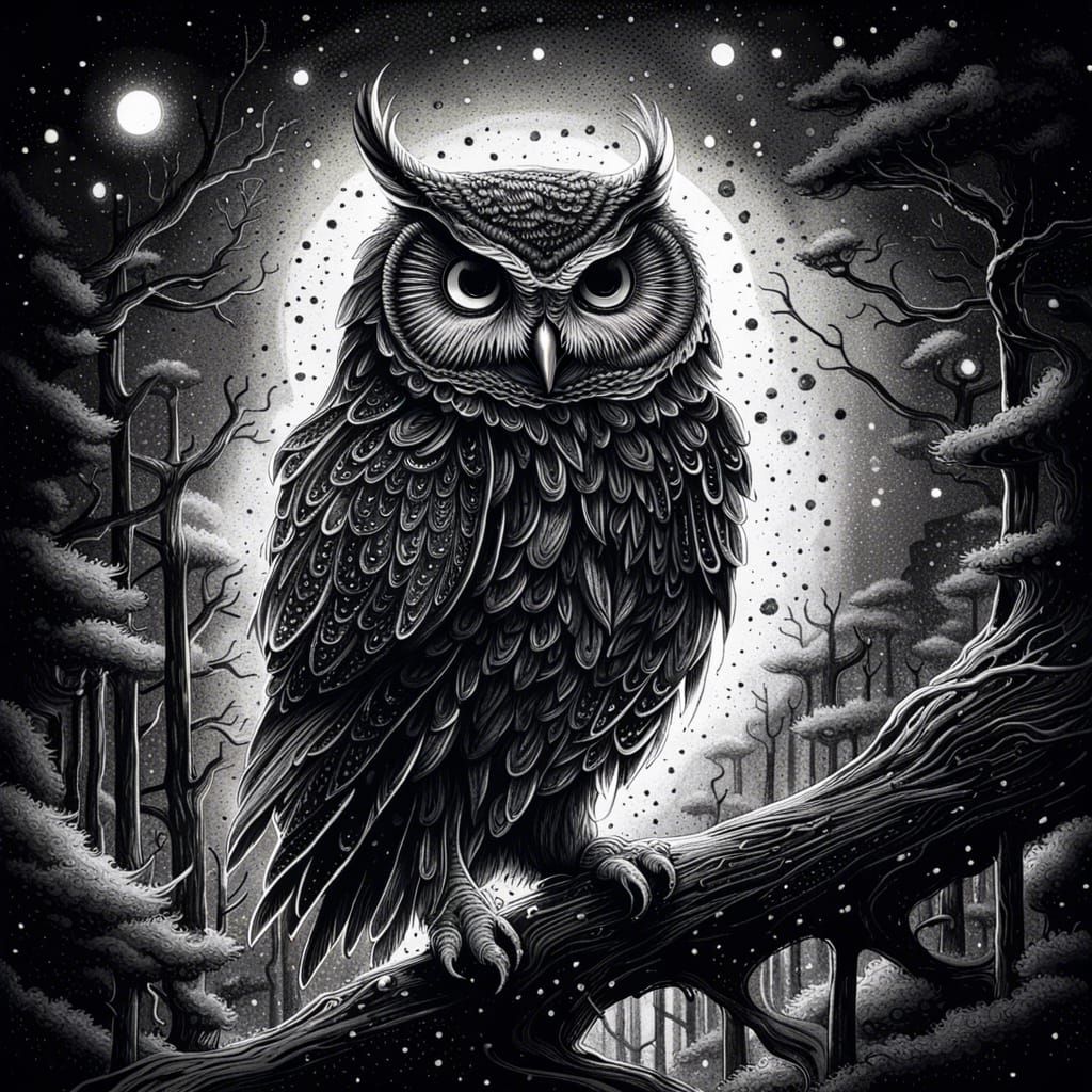 Galaxy Owl in Black and White Ink Illustration