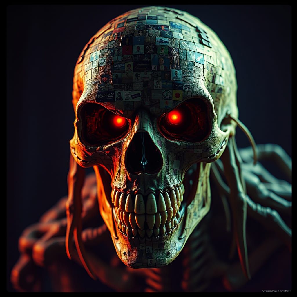 Epic 35mm Film Still of a Grinning Skull Monster