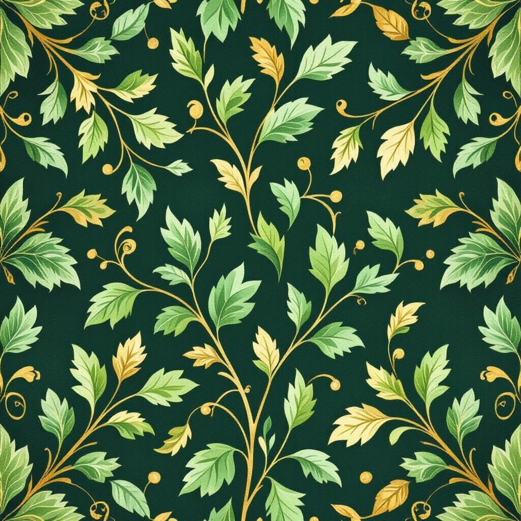 Emerald Green and Gold Botanical Pattern in Watercolor Style