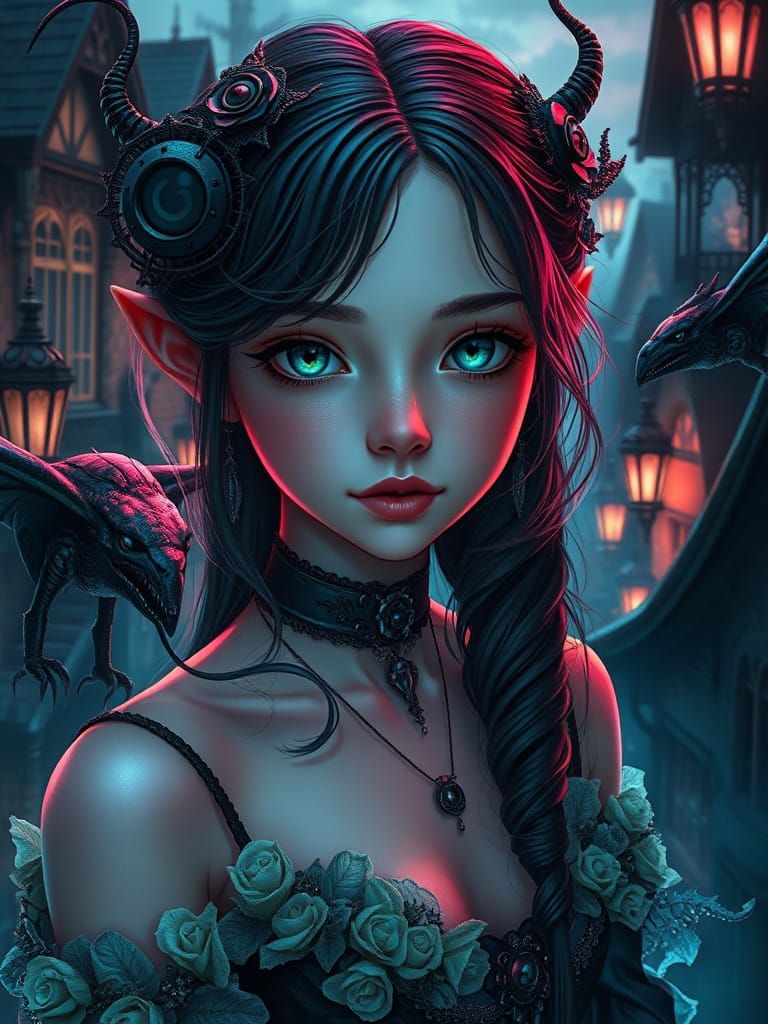 Gothic Girl in Surreal Elfpunk Landscape