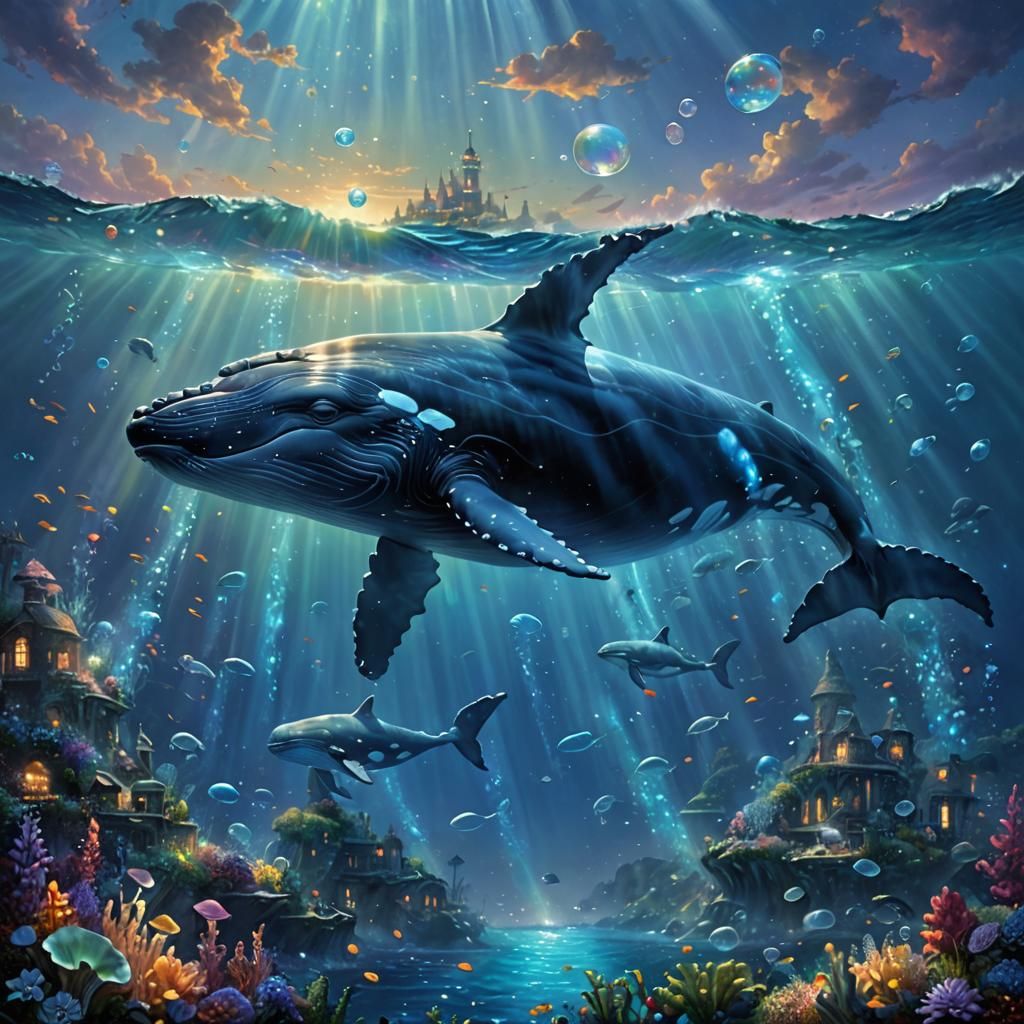 Bioluminescent Whale in Enchanted Ocean: Hyperdetailed