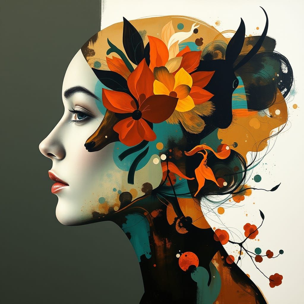 Double Exposure Portrait with Abstract Biomorphic Shapes