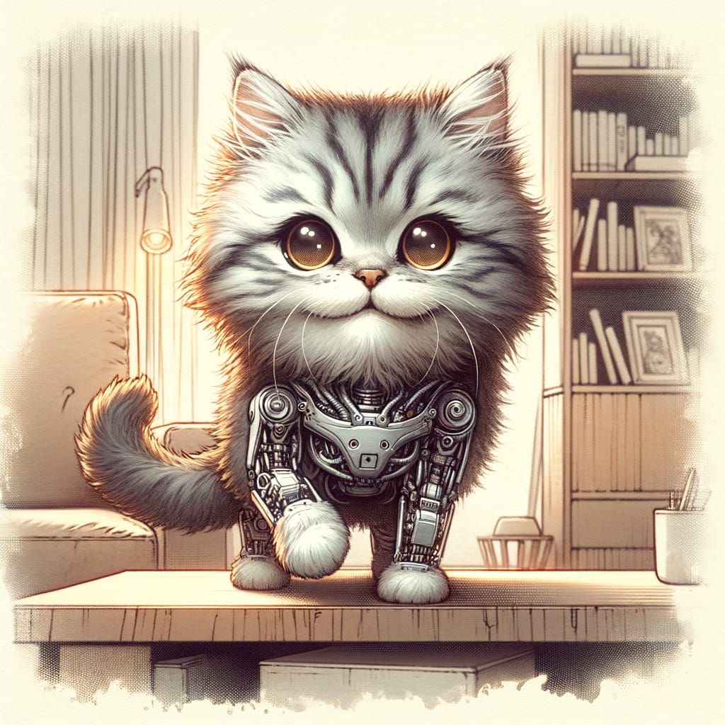 Chibi Cyborg Cat Climbing Bookshelf as Watercolour