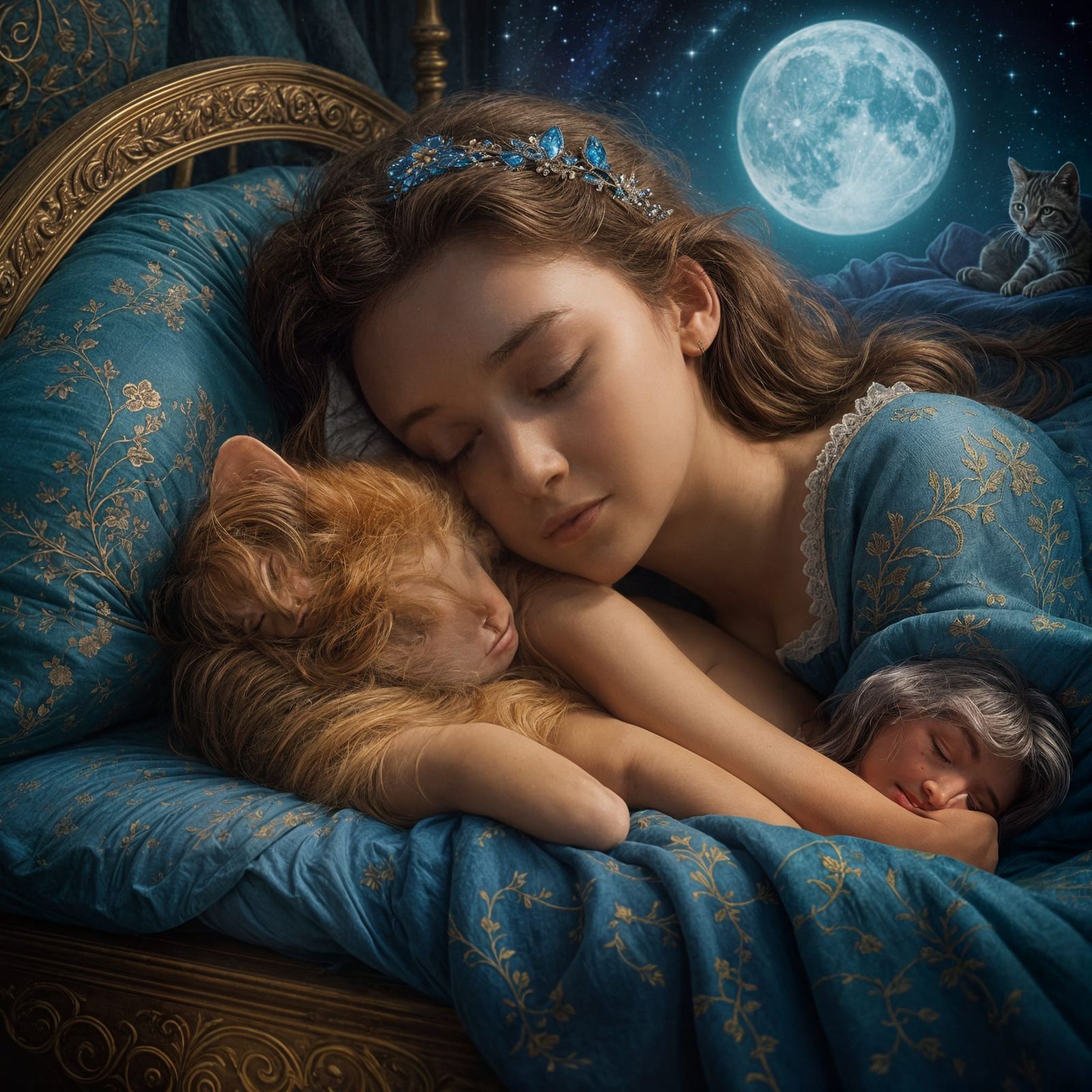 Peaceful Night: Girl and Kitten Sleeping in Moonlight