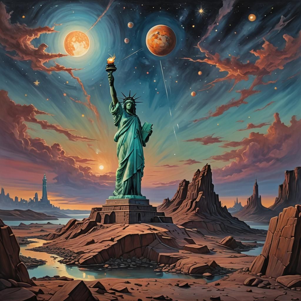 Statue of Liberty on Barren Planet in Surreal Style