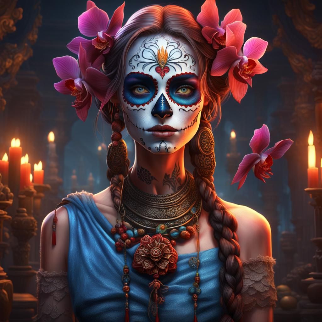 Day of the Dead Girl with Phoenix, Hyperdetailed Art