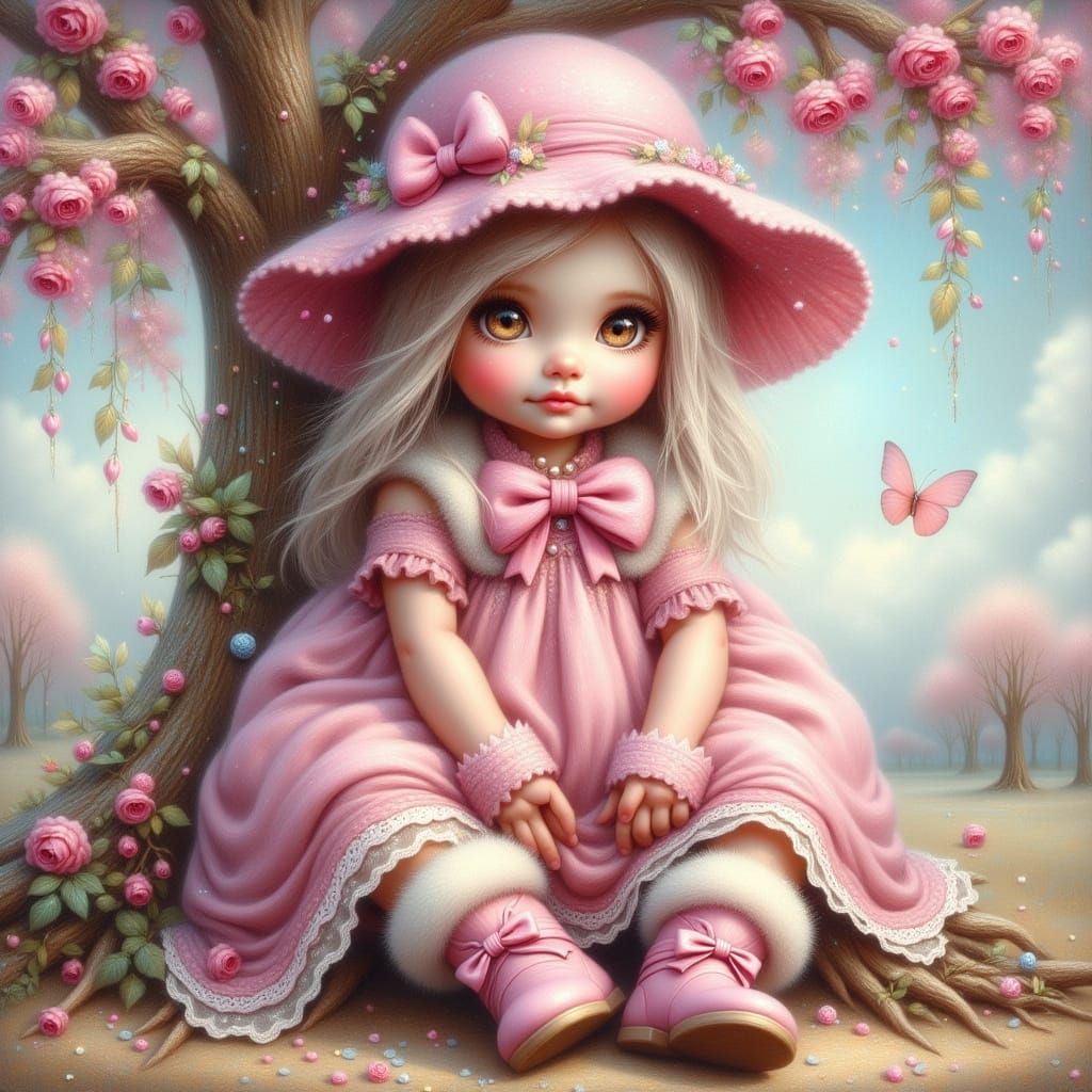 Toddler Girl in Pink Dress with Flower Hat, Oil Painting