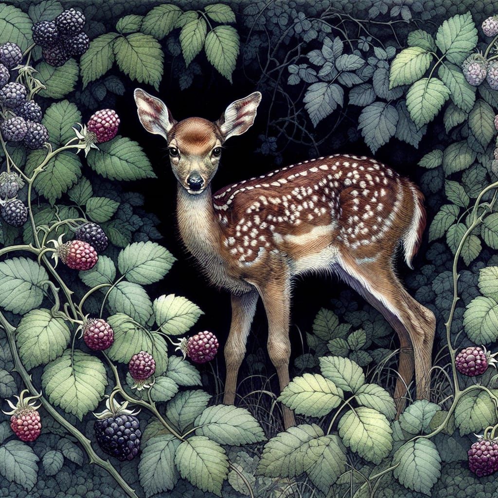 Fawn in Forest: William Morris Inspired Watercolor