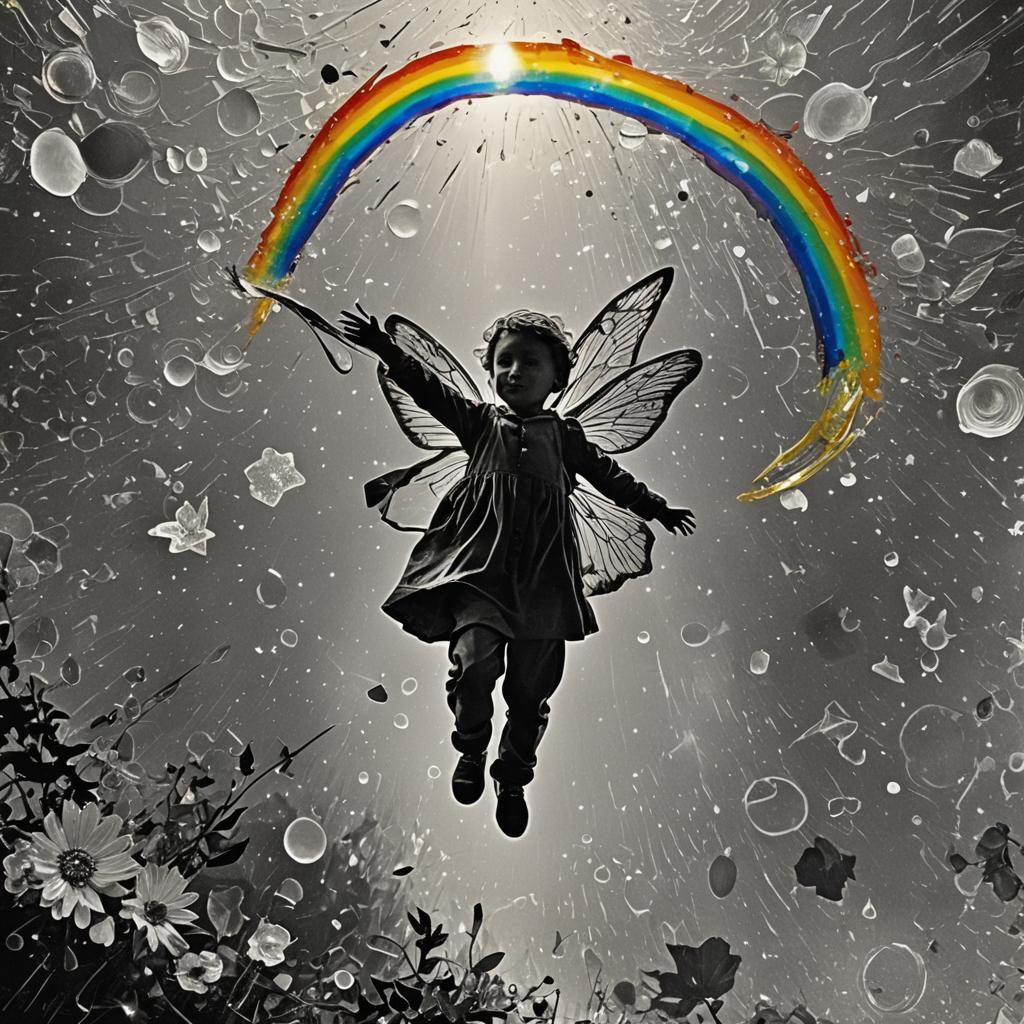 Children Fly with Rainbow Fairy, Van Gogh-Inspired Rayograph