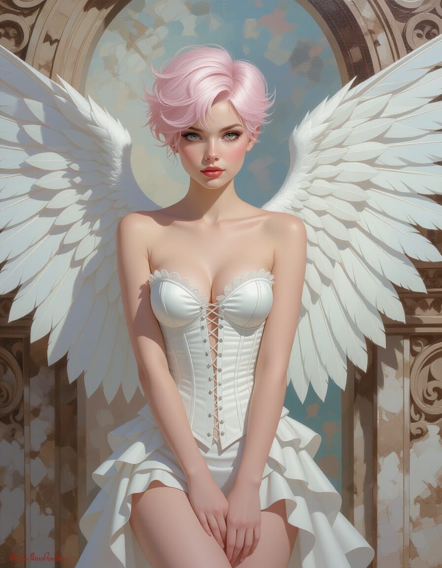 Angel with Pink Hair and White Wings in Dynamic Pose