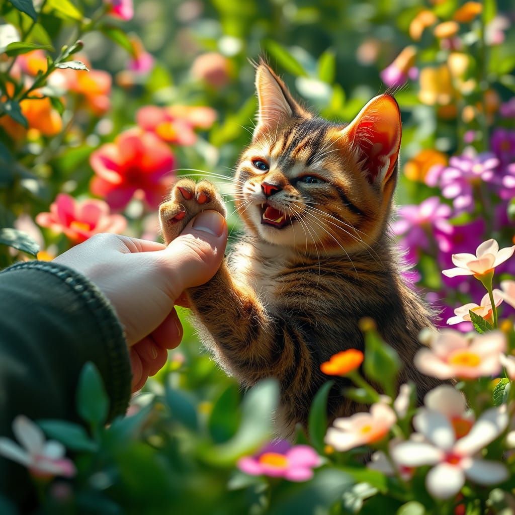 Whimsical Cat in a Vibrant Dreamlike Garden
