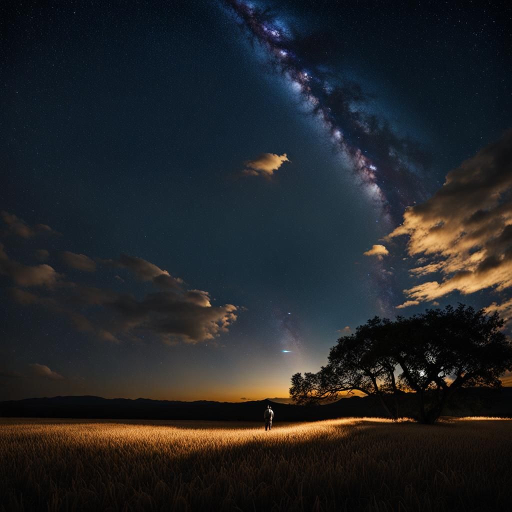 Boy Gazing at Starry Night Sky in Meadow