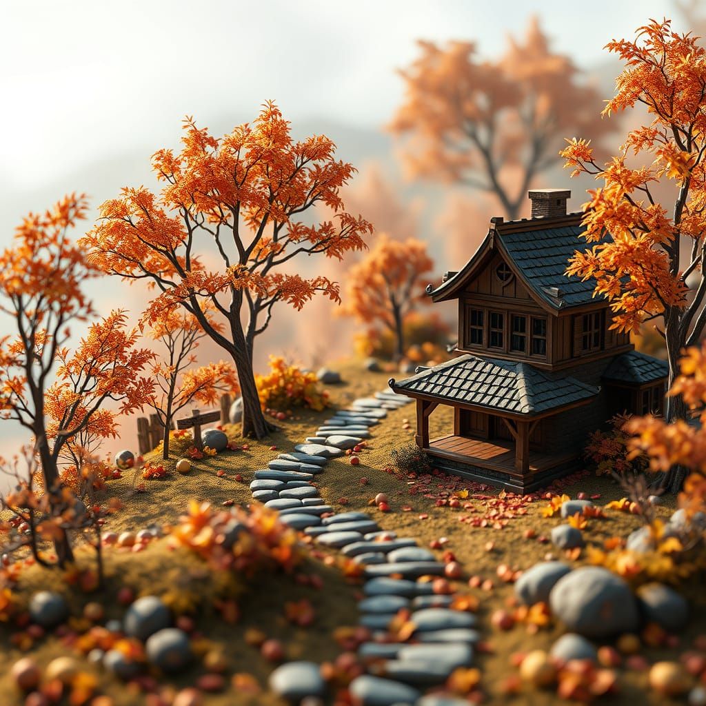 Miniature Autumn Scene in Epic 3D Game Cinematic Style