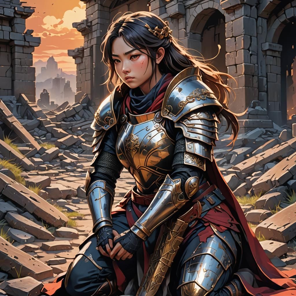 Anime-Style Medieval Warrior in Ruins