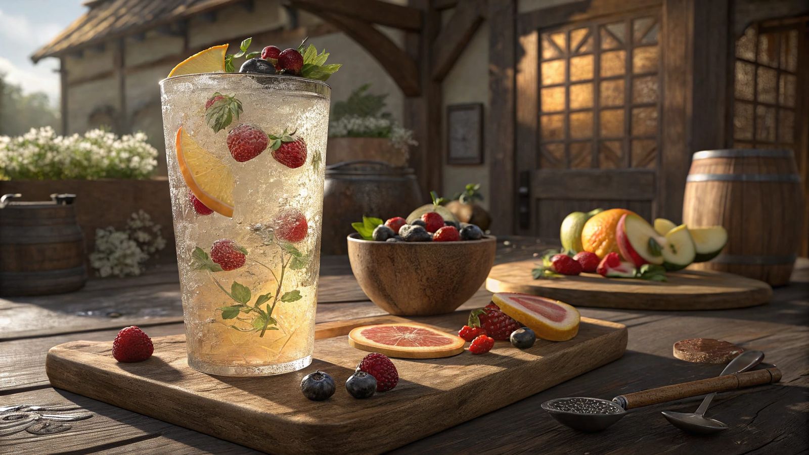 Refreshing Fruit Punch in Fantasy Tavern, Hyper-Realistic Ph...
